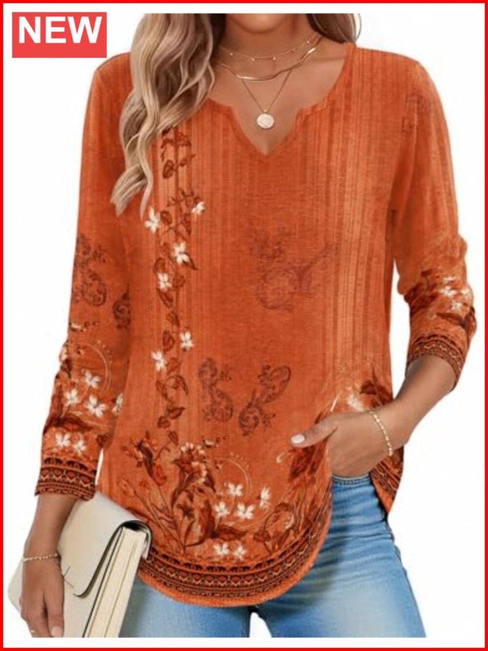 Womens V-Neck Long Sleeve Tunic Blouse Polyester Spandex Boho Peasant Top